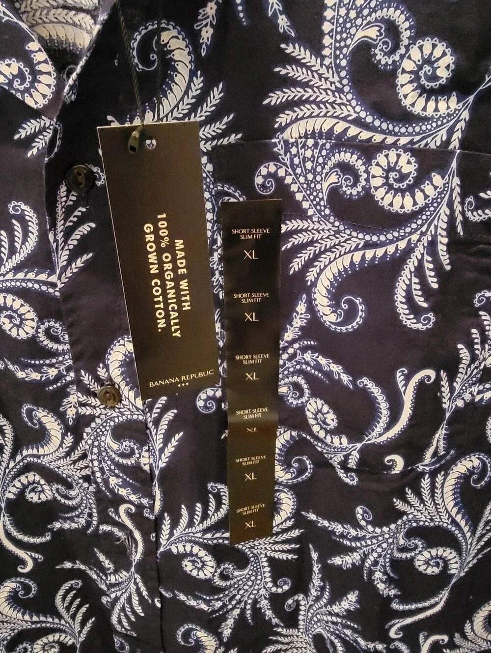NWT Banana Republic Mens Navy Paisley Pattern Short Sleeve Slim Fit Shirt - XL